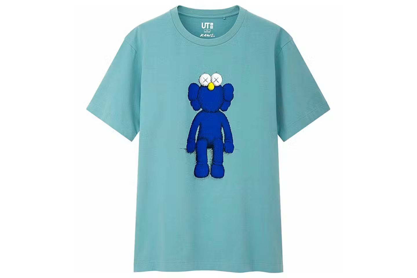 Uniqlo KAWS Blue BFF Tee – Vorderansicht mit grünem Baumwoll-Shirt und blauem BFF-Characte