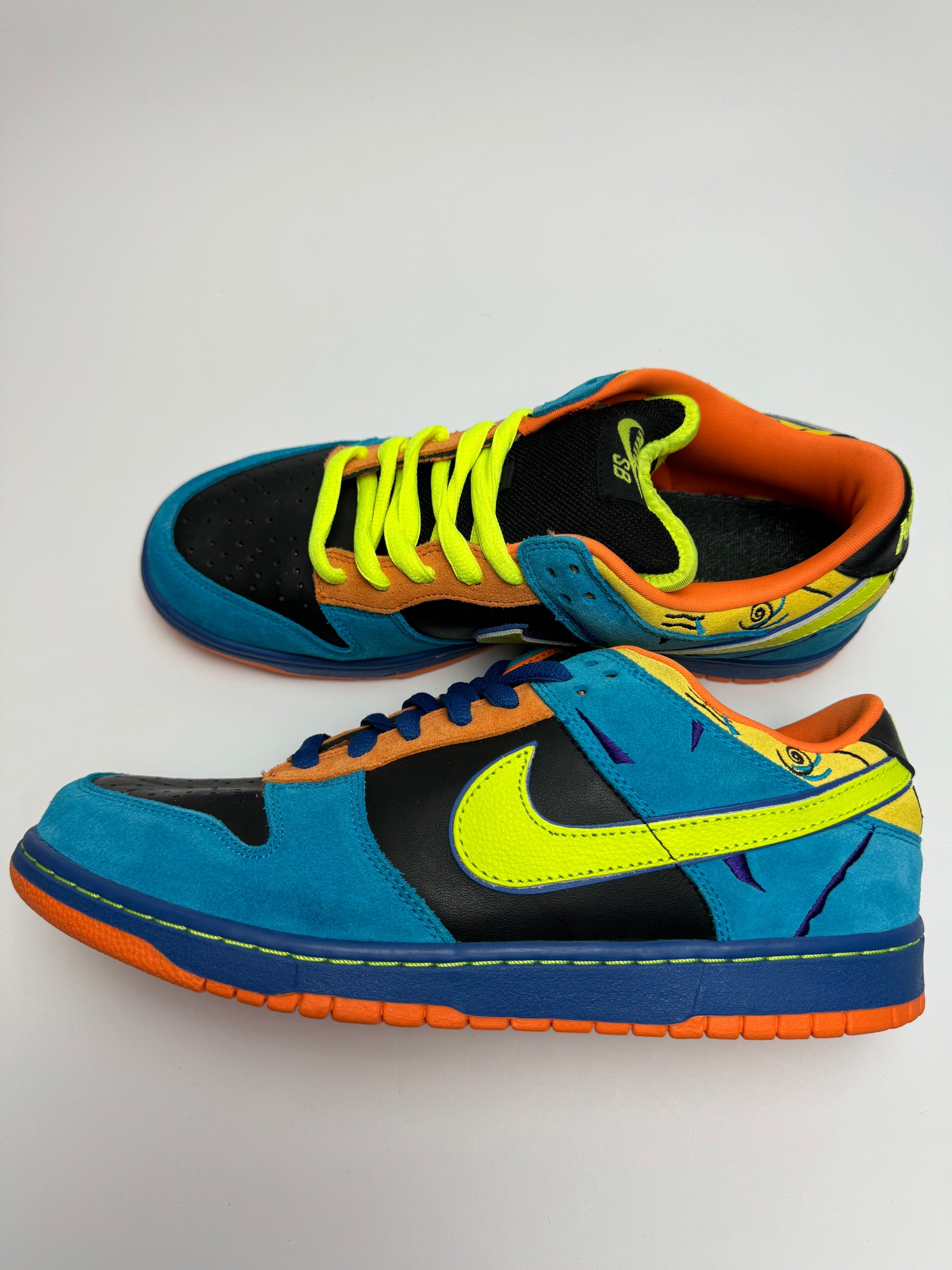 Nike SB Dunk Low Skate or Die – rechte Seitenansicht mit schwarzem Leder-Upper und Aqua‑Blue-Suede‑Overlays