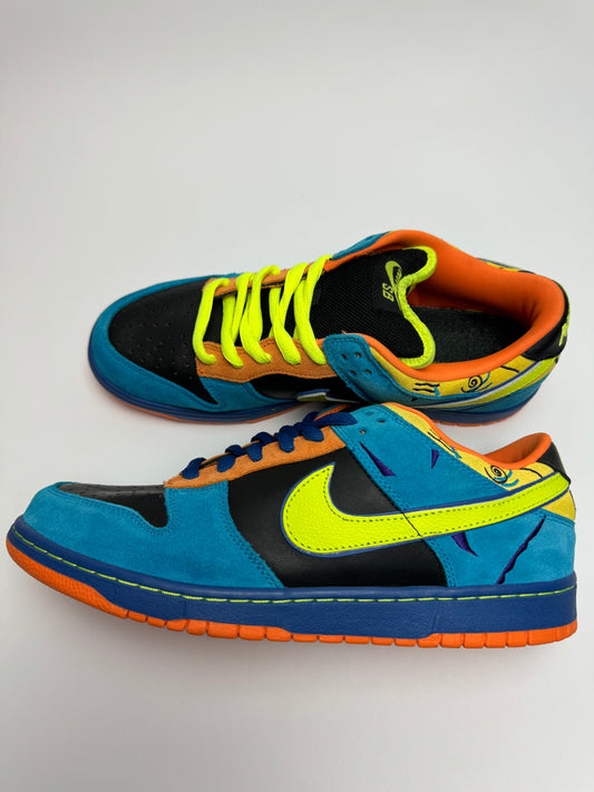 Nike SB Dunk Low Skate or Die – rechte Seitenansicht mit schwarzem Leder-Upper und Aqua‑Blue-Suede‑Overlays