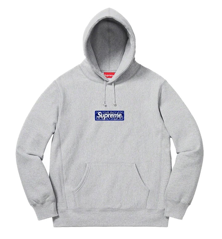 Vorderansicht des Supreme Bandana Box Logo Hooded Sweatshirt in Heather Grey mit zentralem Bandana-Print