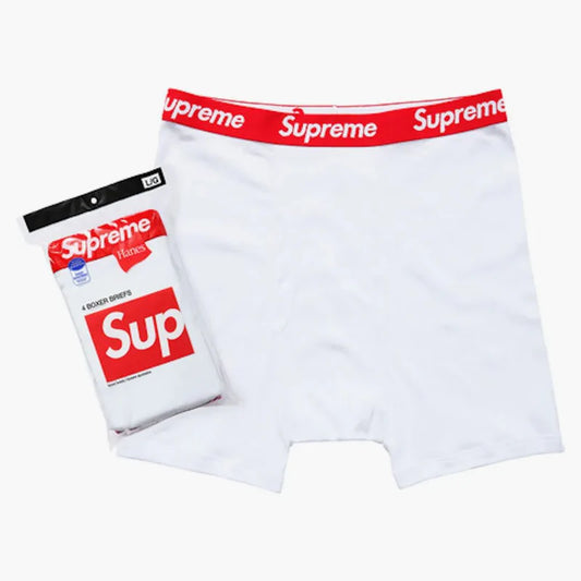 White Supreme Hanes Boxer Briefs 4 pack back view with packaging