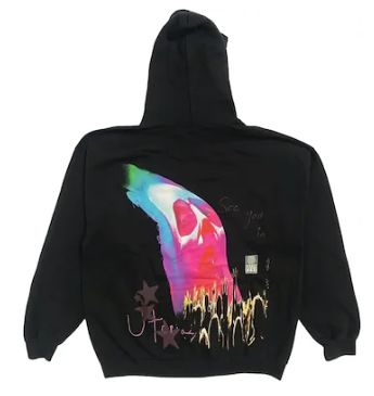 Travis Scott Face Melt Hoodie – Rückansicht mit handschriftlichem 'Utopia'-Schriftzug und Sternenstickerei