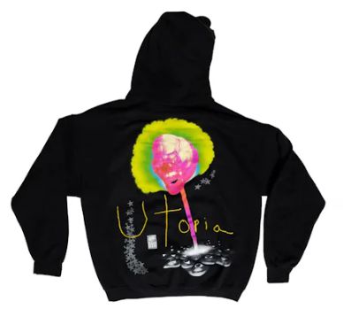 Travis Scott Lollipop Hoodie – Rückansicht mit Collage-artigen Grafiken und handschriftlichem 'Utopia'-Schriftzug