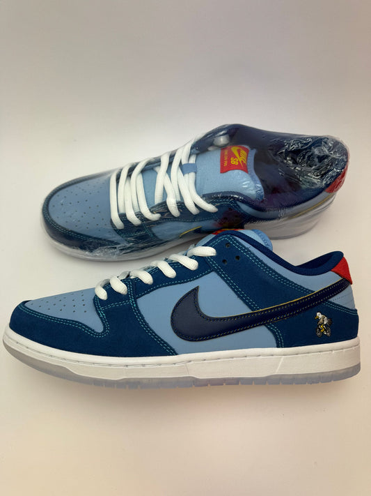 SB Dunk Low Why So Sad – rechte Außenseite mit Coastal Blue Leder-Upper und navy Suede Overlays