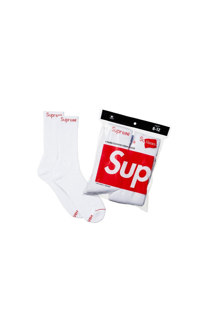 front view supreme socks white hanes 4 pack packed and sealed red branding