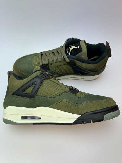 Air Jordan 4 Craft Medium Olive – linke Außenseite mit markantem Net-Muster-Paneel und schwarzen Eyestays