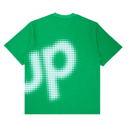 Supreme Halftone S/S Top Bright Green Außenansicht – kräftiges Bright Green mit großflächigem Marken-Halftone Print vorne & hinten