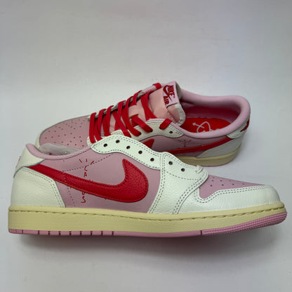 Innenansicht des Travis Scott x Air Jordan 1 Low mit Sail-, Tropical-Pink- und Shy-Pink-Details