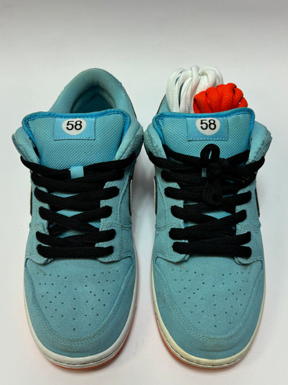 Nike SB Dunk Low Club 58 Gulf Obenansicht – Blick auf Rundhals & Farbblock-Design in Blau und Orange