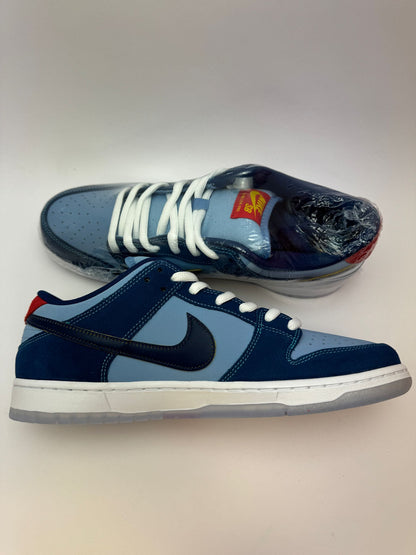 SB Dunk Low Why So Sad – linke Ansicht mit Wear-Away Swoosh, der von Coastal Blue zu Speed Yellow übergeht
